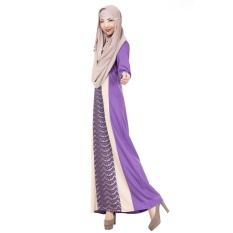 Renda Muslim Gaun Panjang Tradisional Arab Robe Melayu Terusan Rok Linen Lengan Panjang Ungu-Intl