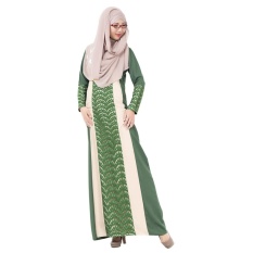 Renda Muslim Gaun Panjang Tradisional Arab Robe Melayu Terusan Rok Linen Lengan Panjang Hijau-Intl