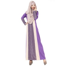 Renda Muslim Gaun Panjang Tradisional Arab Robe Melayu Terusan Rok Linen Lengan Panjang Ungu-Intl