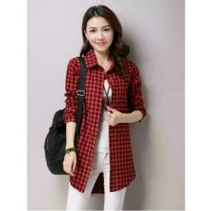 Ladies Fashion Kemeja Wanita Lengan Panjang Kotak Larasati / Kemeja Kerja Wanita Formal / Kemeja Santai Wanita Kasual / Tunik Wanita / Long Hem Wanita / Blouse Polos Kirana NR - Merah D3C