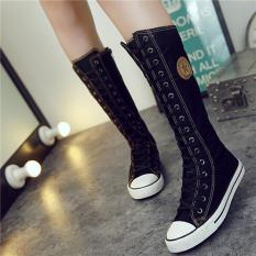 LALANG Busana Wanita Renda Ritsleting Sepatu Bot Setinggi Lutut Bocah Lepas Kanvas Her Datar (Hitam)