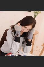 LALANG Hangat Kelinci Imitasi Bulu Threaded Tombol Setengah Jari Rajutan Wol Sarung Tangan Grey