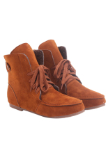 LALANG Wanita Datar Tumit Renda-Up Plus Velvet Martin Boots Casual Light Tan