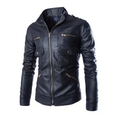 LANBAOSI Santai Pria Lengan Panjang Kerah Saku Jaket Tahan Multi PU Bahan Kulit Imitasi Hitam