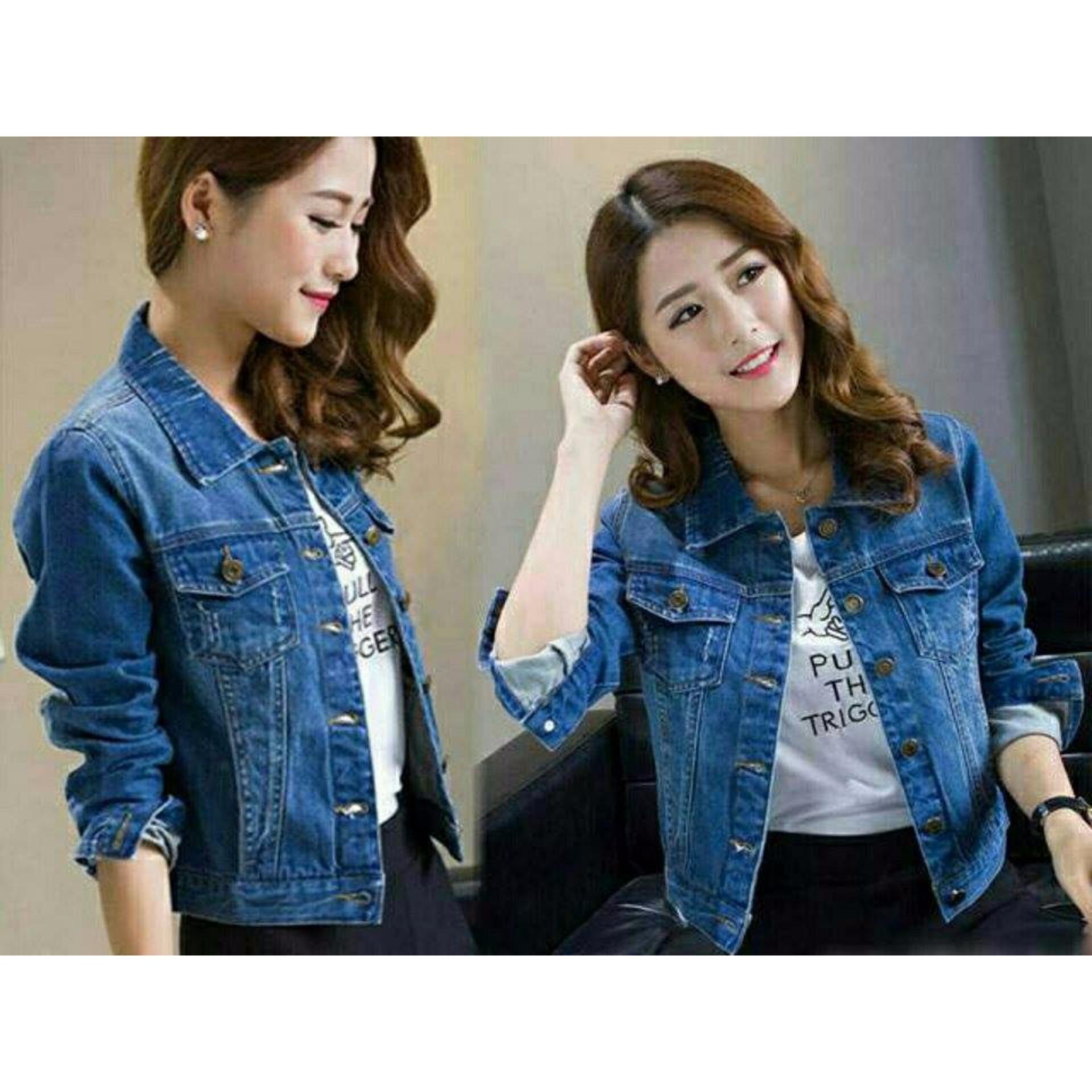 legiONshop-kemeja jeans wanita  jaket jeans wanita  baju cewek baju jeans wash tebal  pakaian wanita SANNY JEANS WASH dark blue