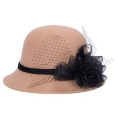 Wanita Musim Dingin Pendek Brim Wol Cloche Bucket Hat Bowler Cap dengan Jilbab dan Bunga-Intl