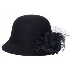 Wanita Musim Dingin Pendek Brim Wol Cloche Bucket Hat Bowler Cap dengan Jilbab dan Bunga-Intl