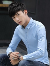 LIGHT BLUE Men's Shirts BARU Murni Ramping Lengan Panjang Muda Kasual Tipis Pria Kantor Kemeja Bisnis Tops-Intl