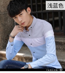 BIRU MUDA Musim Semi Musim Gugur Pria Lengan Panjang Kemeja BARU Patchwork Pria Slim Fresh Hand Leisure Shirt-Intl