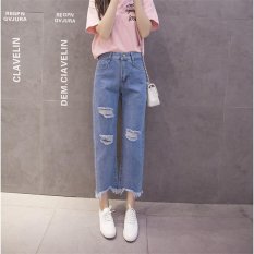 Biru Muda Wanita Jeans Robek Denim Celana Lubang Di Lutut Slim Kasual Fashion Bawah Wanita Slim Trousers Summer Legging Jumbai Cotton High Waist-Intl