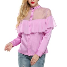 Linemart Finejo Women Frill Long Sleeve Peplum Patchwork Tops Blouse ( Purple ) - intl