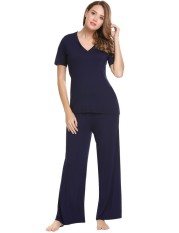 Linemart Wanita Kasual Leher-v Lengan Pendek Atasan dan Polos Pinggang Elastis Lebar Kaki Celana Pajama Set (Biru Tua) -Internasional