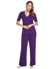 Linemart Wanita Kasual Leher V Lengan Pendek Atasan atau Polos Ikat Elastis Lebar untuk Pesta Pajama Set (Ungu) -Internasional