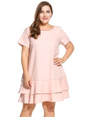 Linemart Wanita Lengan Pendek Solid Double Layer Ruffles Hem Dress Plus Ukuran Lebih (Berwarna Merah Muda)-International