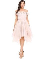 Linemart Wanita Tanpa Lengan dari Bahu Ruffles Sifon Baju Hem Asimetris Pantai Pesta (Pink)-Intl