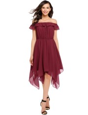 Linemart Wanita Tanpa Lengan dari Bahu Ruffles Sifon Baju Hem Asimetris Beach Party (Merah)-Intl