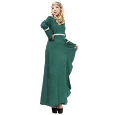 Linen Melayu Dress Wanita Arab Gaun Rok Panjang Jumpsuit Lengan Hijau-Intl