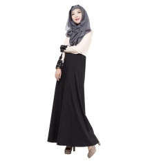Linen Melayu Dress Wanita Arab Gaun Rok Lengan Panjang Warna Sambungan Terusan Hitam-Internasional