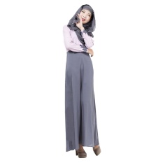 Linen Melayu Dress Wanita Arab Maxi Gaun Rok Lengan Panjang Splice Warna Pakaian Terusan Abu-abu-Intl