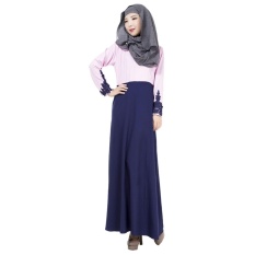 Linen Melayu Dress Wanita Arab Muslim Gaun Rok Lengan Panjang Warna Sambungan Jumpsuit Ungu-Intl