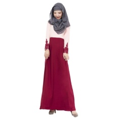 Linen Melayu Dress Wanita Arab Muslim Gaun Rok Lengan Panjang Warna Sambungan Jumpsuit Merah-Intl