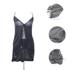 Lingerie Hitam Renda Satin HRS-02 Fashion Baju Tidur Sexy Wanita Silk Satin - Black