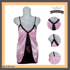 Lingerie Pink Renda Satin HRS-02 Fashion Baju Tidur Sexy Wanita Silk Satin - Pink