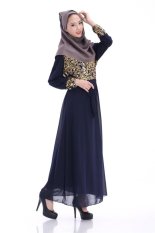 Lengan Panjang Abayas Caftan Arab Wanita Dress Turki Dubai Gaya Timur Tengah Tips Berhijab Gaun Biru Navy-Intl
