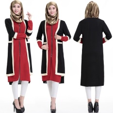 Lengan Panjang Abayas Caftan Arab Wanita Pakaian Luar Turki Dubai Gaya Timur Tengah Muslim Wanita Di Bawah Lutut Fashion Pakaian-Hitam -Intl