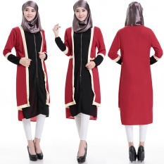 Lengan Panjang Abayas Caftan Arab Wanita Pakaian Luar Turki Dubai Gaya Timur Tengah Muslim Wanita Di Bawah Lutut Fashion Pakaian-Merah -Intl