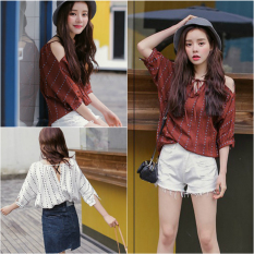 2016 Busana Musim Gugur Model Baru Versi Korea Retro Longgar Strapless Tali Sepatu Bawahan Atasan Kemeja Sifon Baju Wanita Musim Panas D178