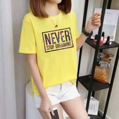 Longgar Huruf Cetak Warna Permen Baju Dalaman Musim Panas Lengan Pendek Kaos (Warna Kuning Emas)