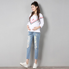 Longgar Kaki Kecil Musim Semi Dan Musim Gugur Baru Celana Wanita Hamil Celana Jeans Sobek (Angkatan Laut Biru Klasik Terlihat Langsing)