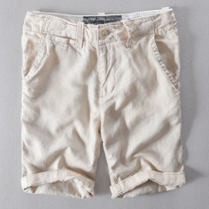 Longgar Kasual Sepatu Linen Warna Putih Polos Bagian Tipis Kain Linen Celana Sedang Celana Pendek Pria (Khaki)