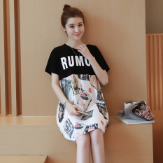 Longgar Katun Lengan Pendek Bagian Tipis Baju Menyusui Baju Menyusui (Hitam)