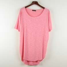 Longgar katun sederhana perempuan di depan panjang t-shirt t-shirt (Melon merah)