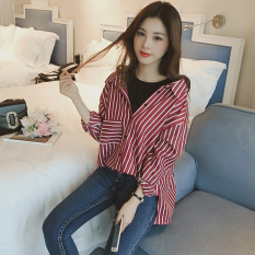 Longgar Korea Fashion Style Lengan Panjang Bergaris Pada Kaos Baju Dalaman (Merah Marun)