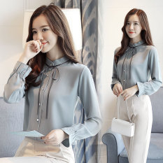 Longgar Korea Modis Gaya Baru Kerah Busur Kemeja Wanita Lengan Panjang Kemeja Jersey Rayon (Elegan Abu-abu)