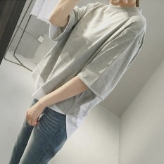Longgar Korea Fashion Style Baru Seolah-olah Dua Potongan Baju Atasan Wanita Warna Solid Lengan Pendek Kaos (Abu-abu)