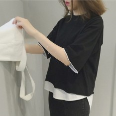 Longgar Korea Fashion Style Baru Seolah-olah Dua Potongan Baju Atasan Wanita Warna Solid Lengan Pendek Kaos (Hitam)