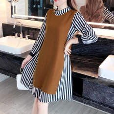 Longgar Korea Fashion Style Baru Setengah Panjang Model Lengan Panjang Bergaris Gaun (Coklat Muda Warna) baju wanita dress wanita Gaun wanita