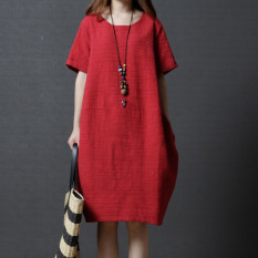 Longgar Korea Fashion Style Kain Linen Warna Solid Baru Ayat Pendek Gaun (Merah) baju wanita