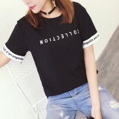 Longgar Korea Fashion Style Katun Putih Siswa Baju Kaos T-shirt (Hitam)