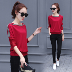 Longgar Korea Fashion Style Lengan Panjang Kaos Wanita Baju Dalaman (Anggur Merah (Versi Konvensional))