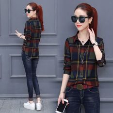 Longgar Korea Fashion Style Lengan Panjang Wanita Atasan Motif Kotak Diagonal Kemeja (Kotak-kotak Merah)