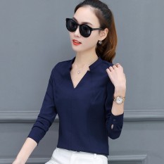 Longgar Korea Modis Gaya Lengan Panjang Wanita Baru Atasan Kemeja Putih (HC99807 Biru)