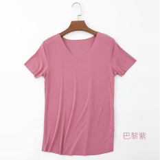Longgar Korea Modis Gaya Modal Warna Polos Wanita Lengan Bang Pendek Baju Dalaman Kaos (Paris Ungu-V Kerah)