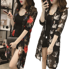 Longgar Korea Modis Gaya Perempuan Bagian Panjang Kemeja Jersey Rayon Baju Pelindung Matahari (Dasar Hitam Mawar Merah)