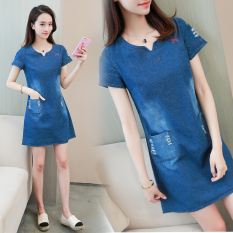 Longgar Korea Fashion Style Perempuan Lengan Pendek Koboi A Rok Kata Gaun (Biru) baju wanita dress wanita Gaun wanita