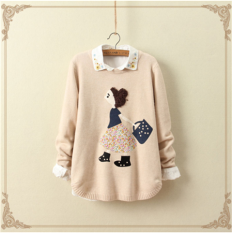 Longgar Korea Fashion Style Rajutan Musim Gugur Baru Baju Dalaman (Warna Beras Anak Perempuan Kecil Sweter)